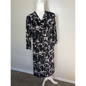 Coldwater Creek‎ Faux Wrap V-Neck Midi Dress Black Geometric 12